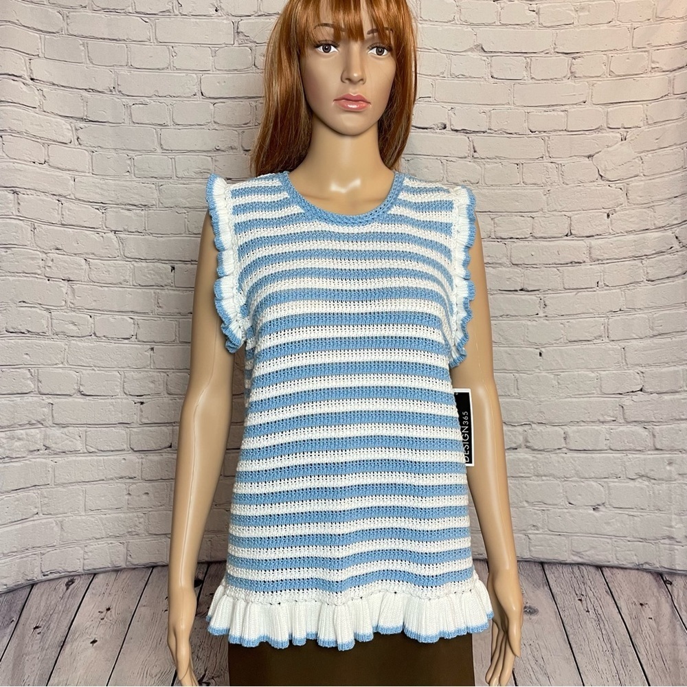 NWT New Design 365 Striped Blue White Cotton Knit Top Size M